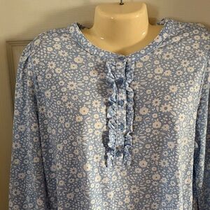 croft & barrow Light Blue and White Floral Ruffle Henley Blouse
